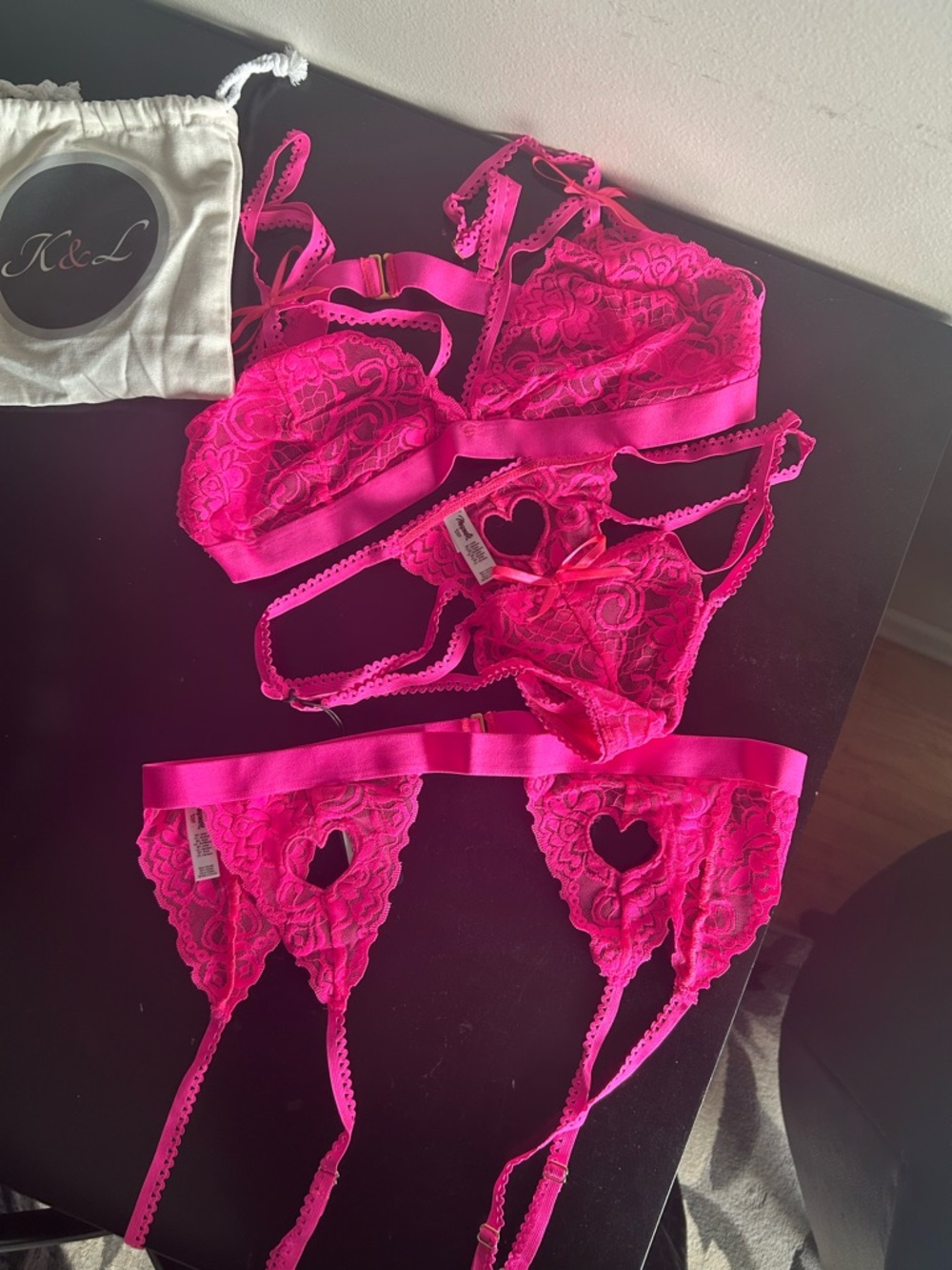 Hot Pink Lace Heart-Cutout Bralette, Thong  & Garter Set